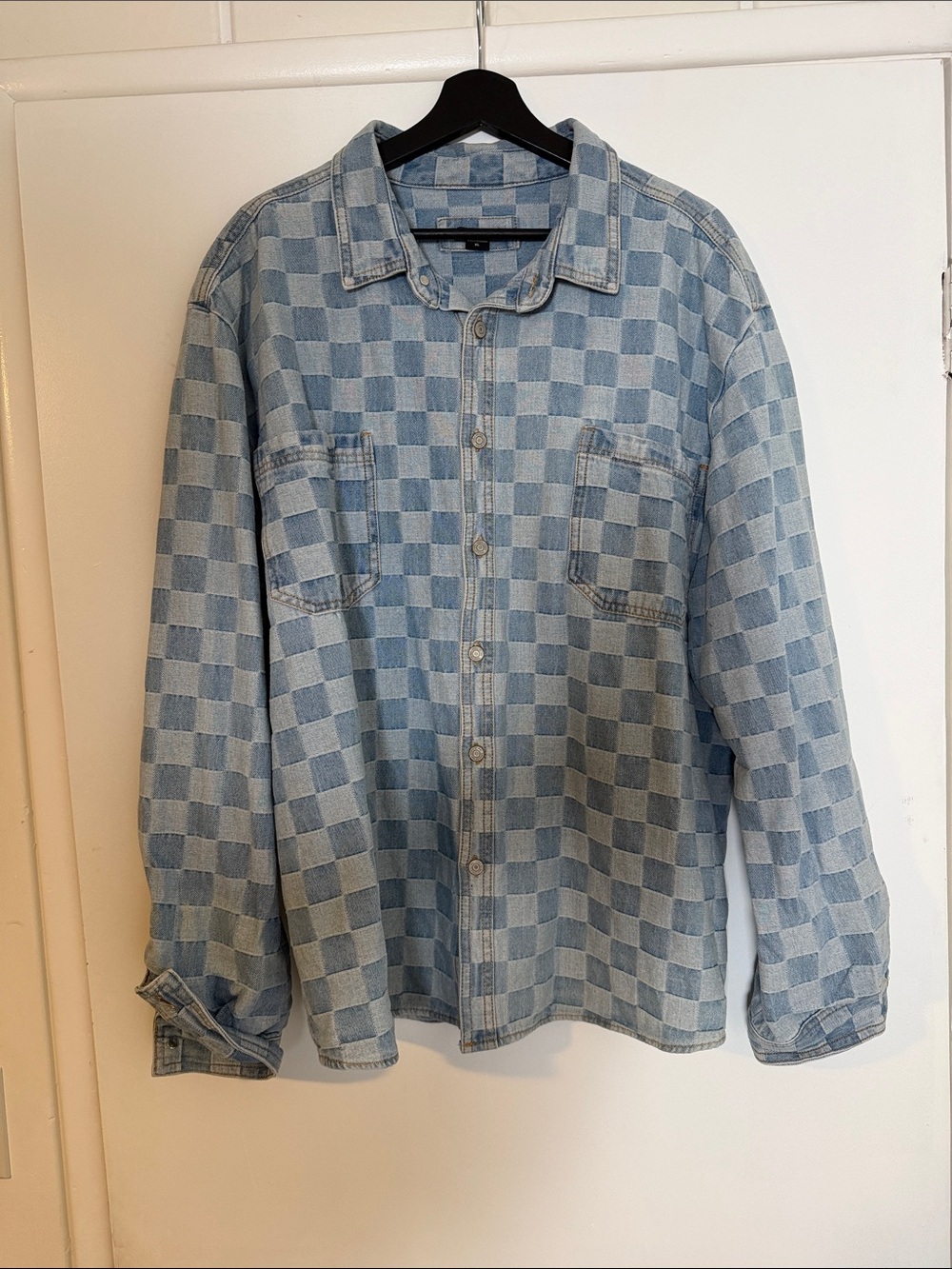 Barney Cools Light Blue Checkered Denim Shirt Jacket